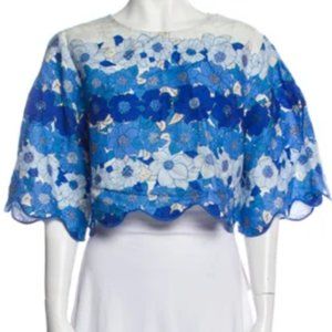 NWT Farm Rio Womens LARGE Blue Flower Stripes Crop Top 100% Linen $140